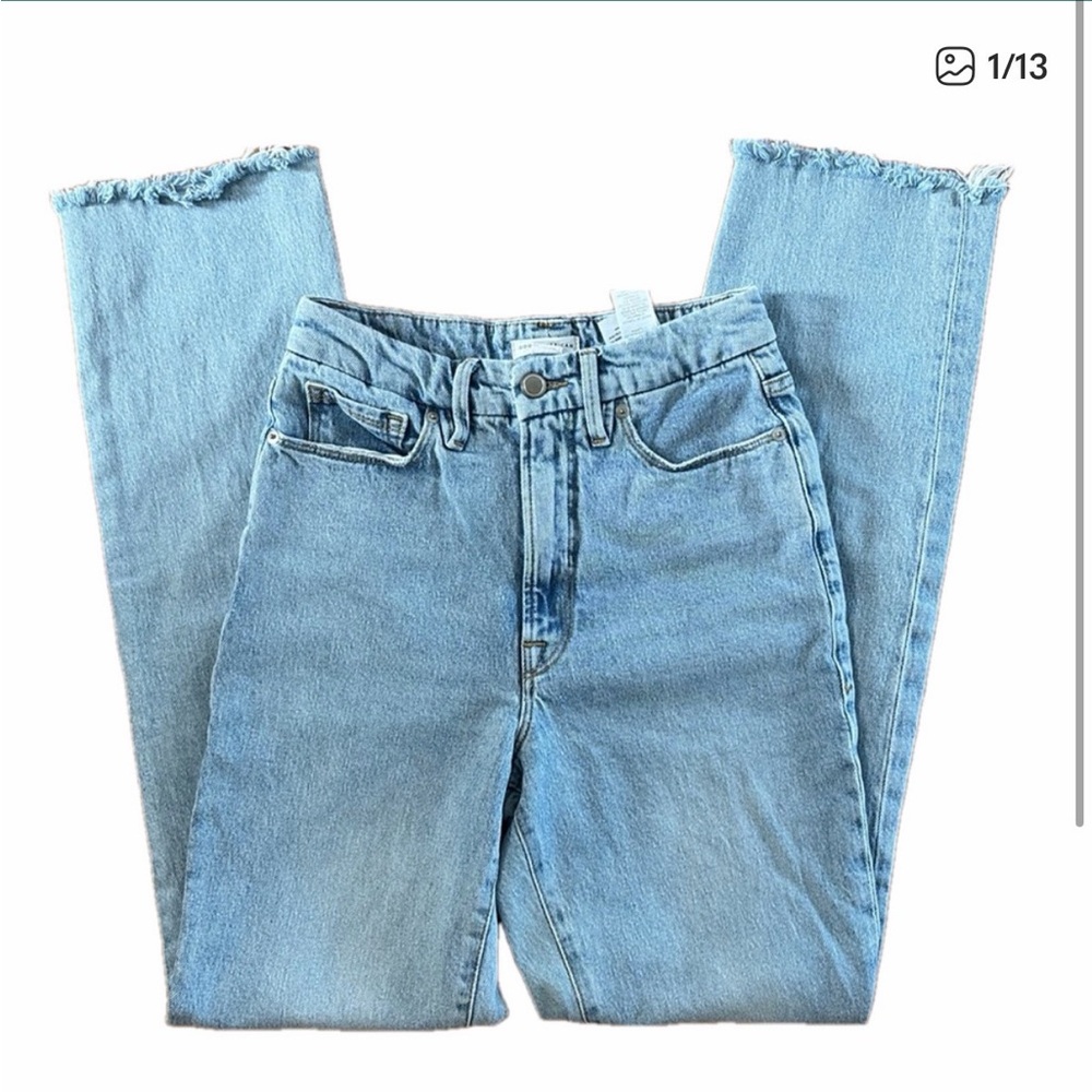 Good American Blue Straight Leg Jeans with Frayed Hem